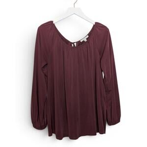 GREEN ENVELOPE Los Angeles Scoop Neck Keyhole Ballon Sleeves Top in Merlot - L